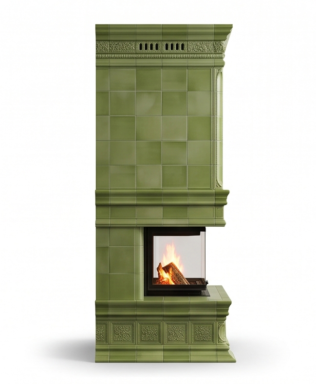 Русский изразцовый камин в благородном зелёном цвете
